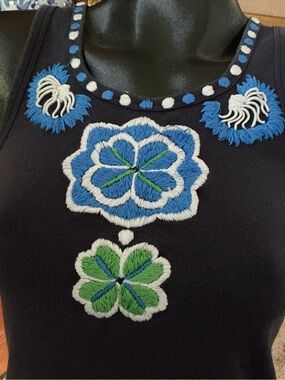 Tory Burch Navy Tank with Blue & Green Floral Embroidery S